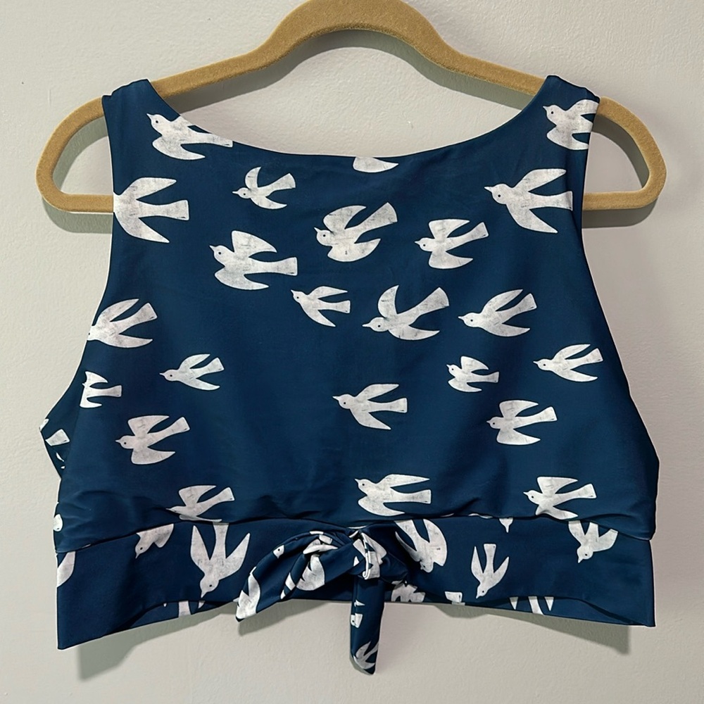 Lime Ricki Navy and White Birds Knotted Crop Swim Top 2X